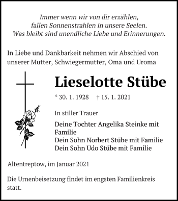 Traueranzeige von Lieselotte Stübe von Neubrandenburger Zeitung