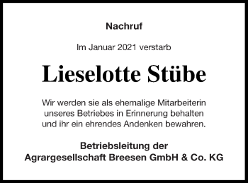 Traueranzeige von Lieselotte Stübe von Treptower Tageblatt