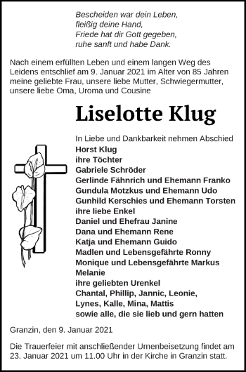 Traueranzeige von Liselotte Klug von Strelitzer Zeitung