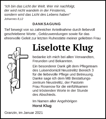 Traueranzeige von Liselotte Klug von Strelitzer Zeitung