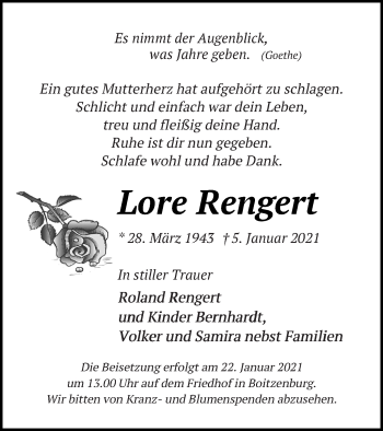 Traueranzeige von Lore Rengert von Templiner Zeitung