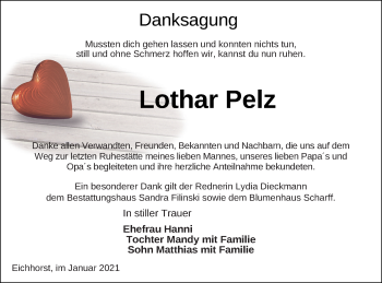 Traueranzeige von Lothar Pelz von Neubrandenburger Zeitung