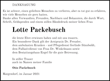 Traueranzeige von Lotte Packebusch von Mecklenburger Schweiz