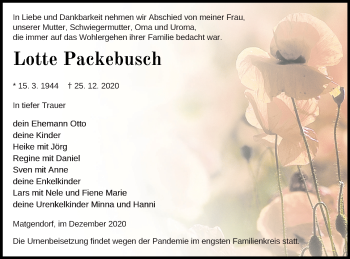 Traueranzeige von Lotte Packebusch von Mecklenburger Schweiz