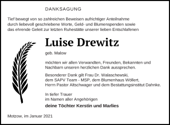 Traueranzeige von Luise Drewitz von Mecklenburger Schweiz