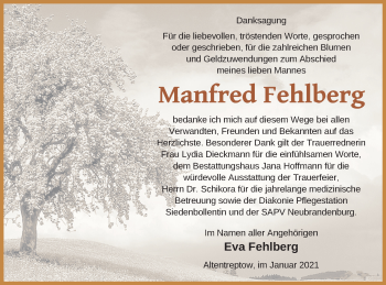 Traueranzeige von Manfred Fehlberg von Neubrandenburger Zeitung