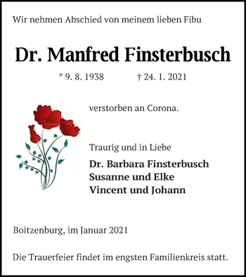 Traueranzeige von Manfred Finsterbusch von Templiner Zeitung