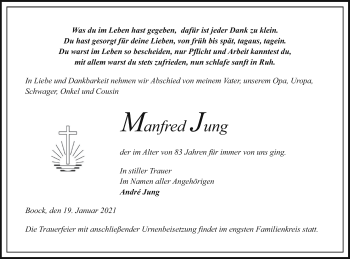 Traueranzeige von Manfred Jung von Pasewalker Zeitung