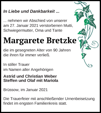 Traueranzeige von Margarete Bretzke von Prenzlauer Zeitung