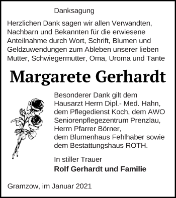 Traueranzeige von Margarete Gerhardt von Prenzlauer Zeitung