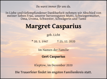 Traueranzeige von Margret Casparius von Prenzlauer Zeitung