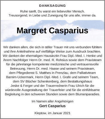 Traueranzeige von Margret Casparius von Prenzlauer Zeitung