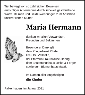 Traueranzeige von Maria Hermann von Prenzlauer Zeitung