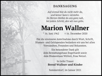 Traueranzeige von Marion Wallner von Müritz-Zeitung