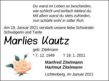 Traueranzeige von Marlies Kautz von Strelitzer Zeitung