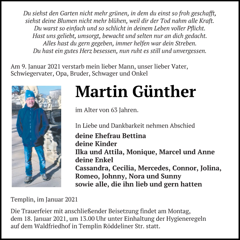  Traueranzeige für Martin Günther vom 13.01.2021 aus Templiner Zeitung