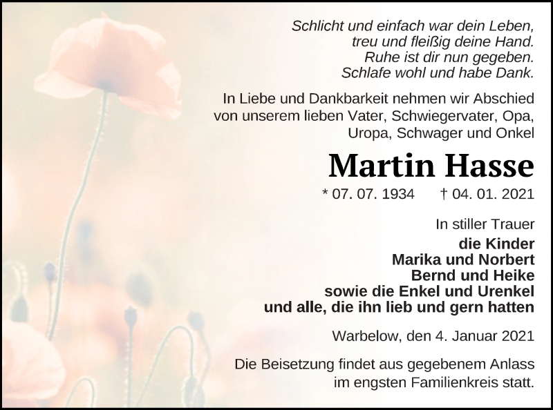  Traueranzeige für Martin Hasse vom 08.01.2021 aus Mecklenburger Schweiz