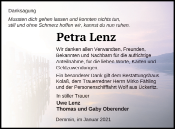 Traueranzeige von Petra Lenz von Demminer Zeitung