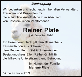 Traueranzeige von Reiner Plate von Bützower Zeitung