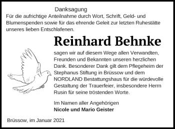 Traueranzeige von Reinhard Behnke von Prenzlauer Zeitung