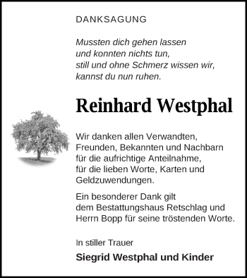 Traueranzeige von Reinhard Westphal von Pasewalker Zeitung