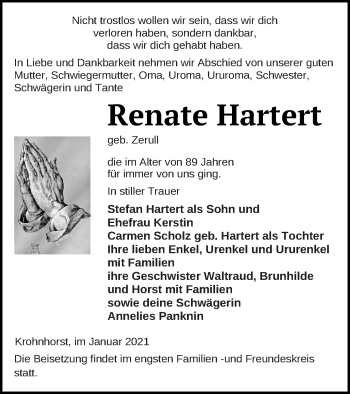 Traueranzeige von Renate Hartert von Templiner Zeitung