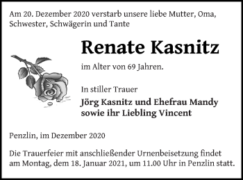 Traueranzeige von Renate Kasnitz von Müritz-Zeitung