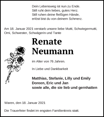 Traueranzeige von Renate Neumann von Müritz-Zeitung