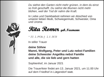 Traueranzeige von Rita Romer von Müritz-Zeitung