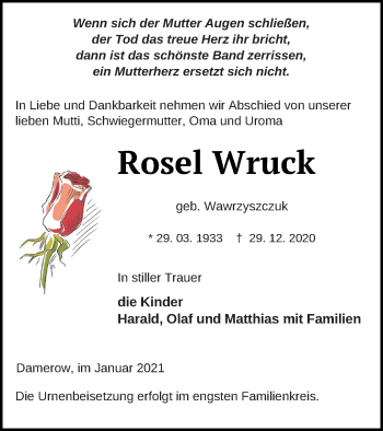 Traueranzeige von Rosel Wruck von Pasewalker Zeitung