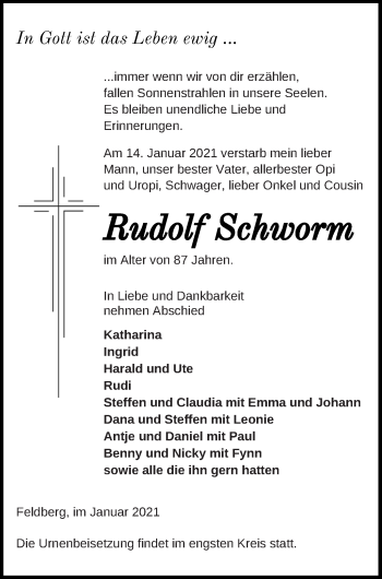 Traueranzeige von Rudolf Schworm von Strelitzer Zeitung