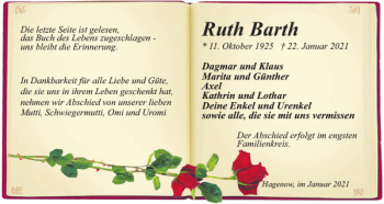 Traueranzeige von Ruth Barth von Hagenower Kreisblatt