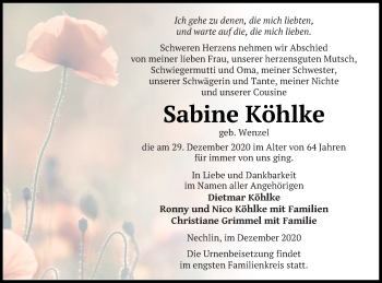 Traueranzeige von Sabine Köhlke von Prenzlauer Zeitung