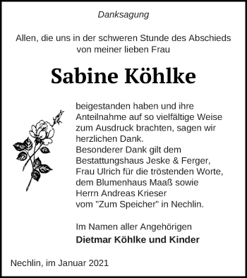 Traueranzeige von Sabine Köhlke von Pasewalker Zeitung