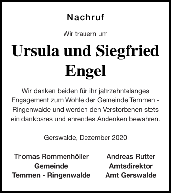 Traueranzeige von Siegfried Engel von Uckermark Kombination