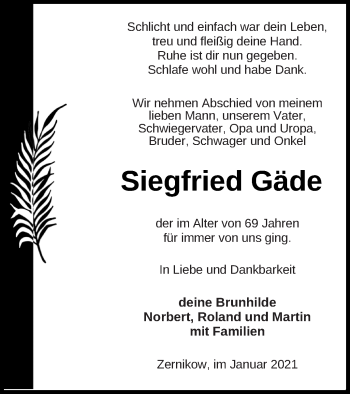 Traueranzeige von Siegfried Gäde von Prenzlauer Zeitung