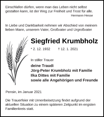 Traueranzeige von Siegfried Krumbholz von Demminer Zeitung