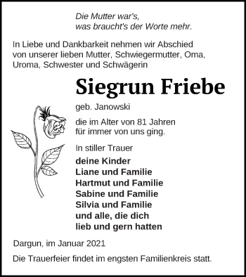 Traueranzeige von Siegrun Friebe von Mecklenburger Schweiz