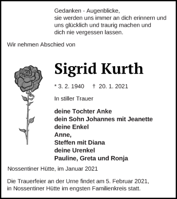 Traueranzeige von Sigrid Kurth von Müritz-Zeitung