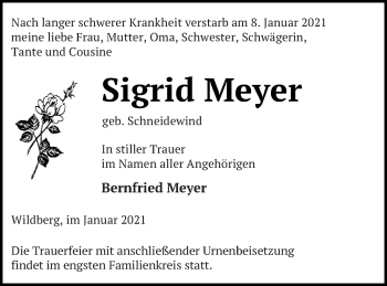 Traueranzeige von Sigrid Meyer von Neubrandenburger Zeitung