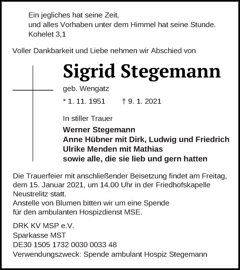  Traueranzeige für Sigrid Stegemann vom 14.01.2021 aus Strelitzer Zeitung