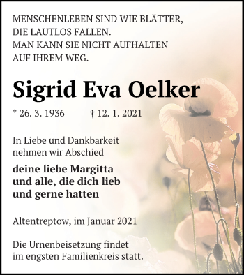 Traueranzeige von Sigrid Eva Oelker von Neubrandenburger Zeitung