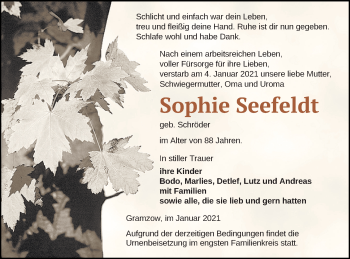 Traueranzeige von Sophie Seefeldt von Prenzlauer Zeitung