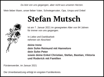 Traueranzeige von Stefan Mutsch von Prenzlauer Zeitung