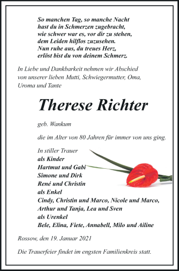 Traueranzeige von Therese Richter von Pasewalker Zeitung