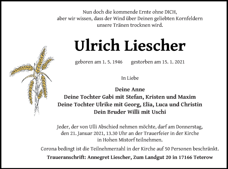  Traueranzeige für Ulrich Liescher vom 19.01.2021 aus Mecklenburger Schweiz