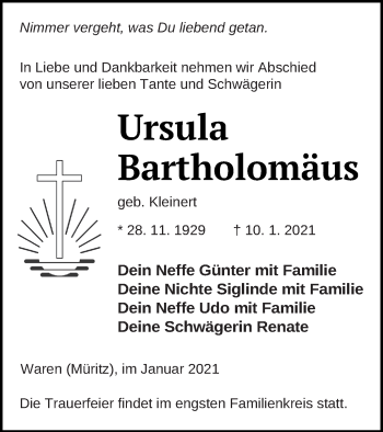 Traueranzeige von Ursula Bartholomäus von Müritz-Zeitung