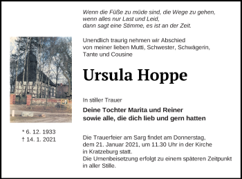 Traueranzeige von Ursula Hoppe von Strelitzer Zeitung