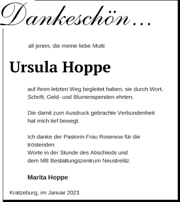 Traueranzeige von Ursula Hoppe von Strelitzer Zeitung