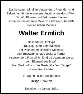 Traueranzeige von Walter Ermlich von Prenzlauer Zeitung